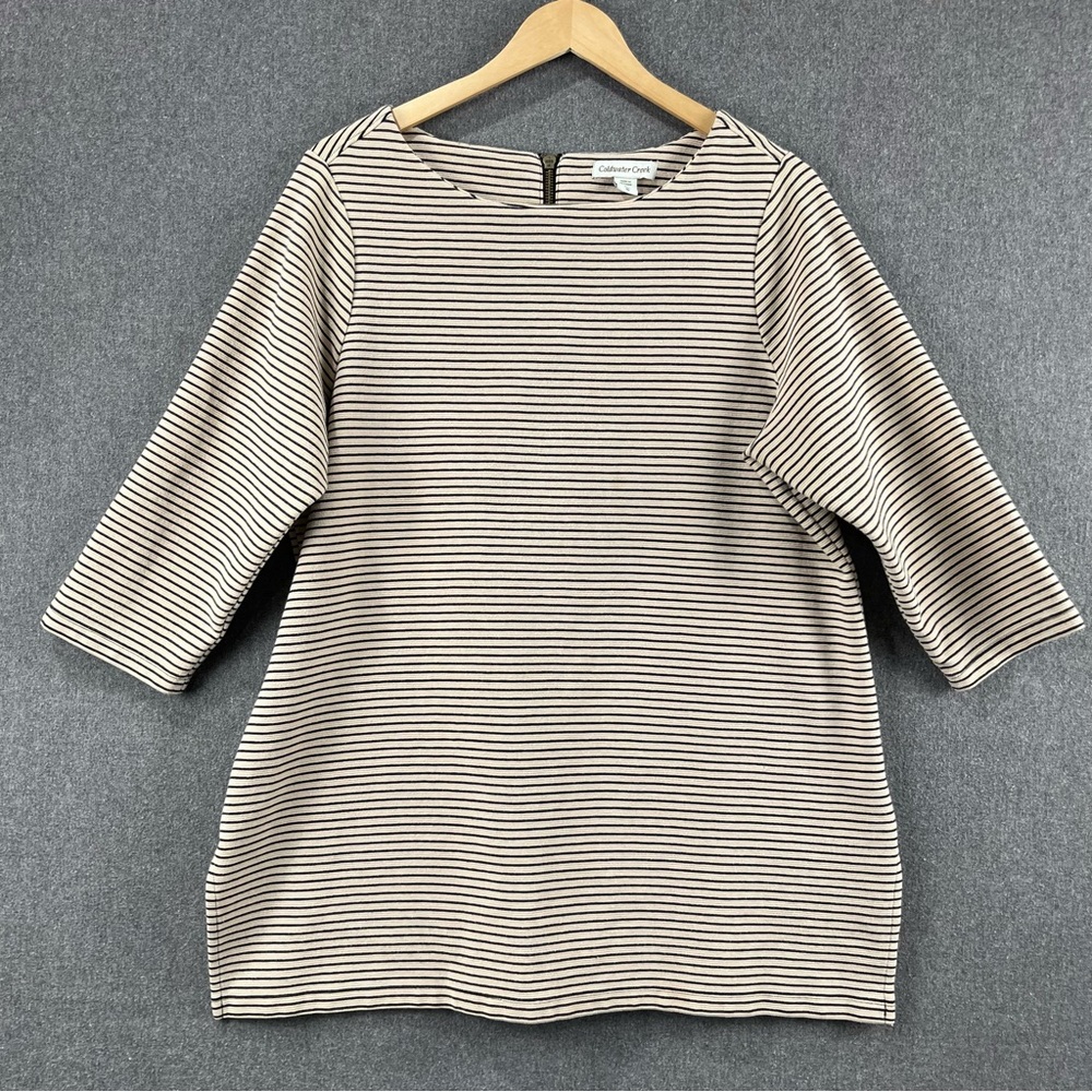 Coldwater Creek Striped Knit Top XL Minimalist Casual Chic Zip Back 3/4 Sleeve